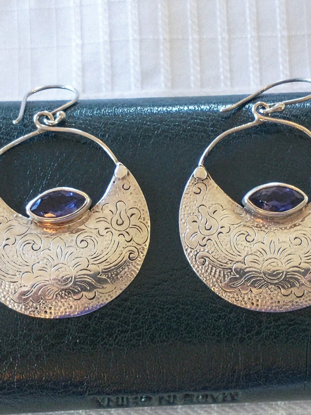 Vintage Dangle Earrings Marquis Iolite Gem Etched Hammered Sterling Silver